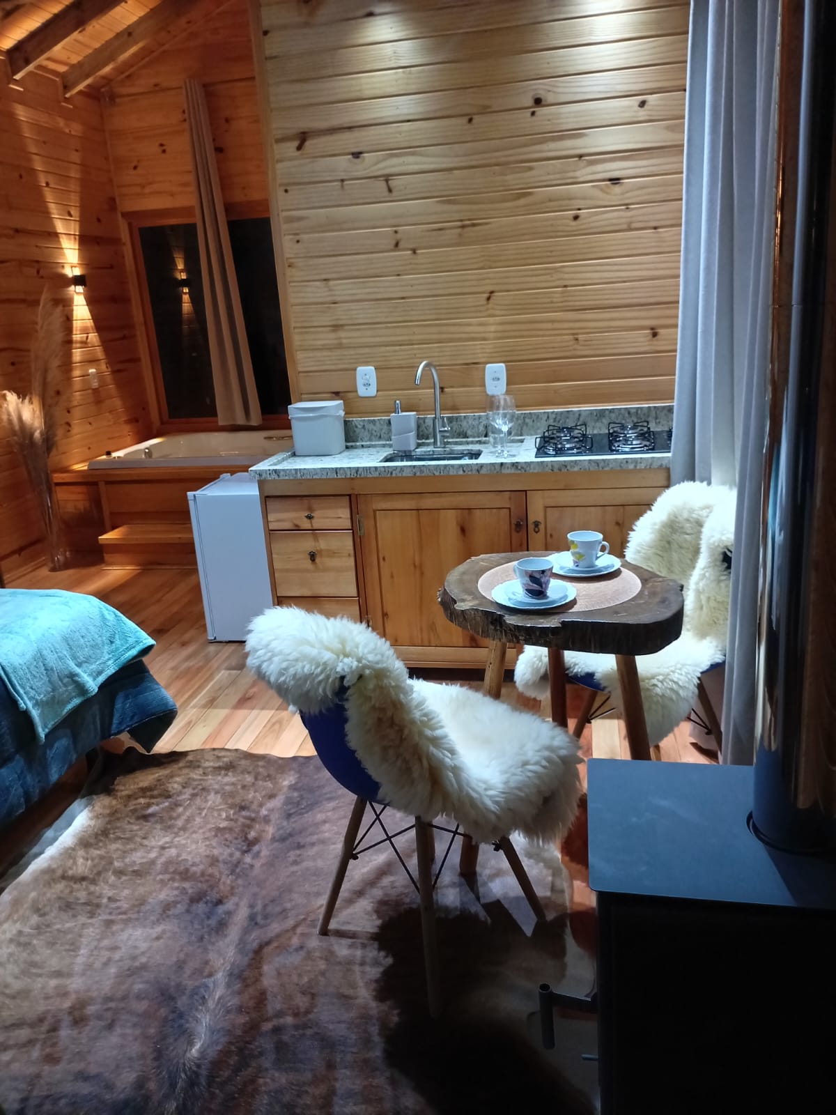 Jacuzzi e lareira em ambiente interno da cabana